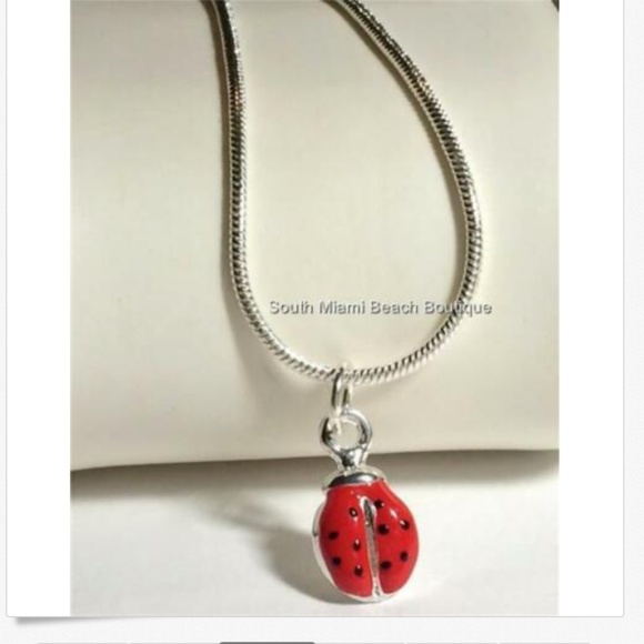 Silver Ladybug Necklace Pendant Red Black Enamel - Picture 7 of 8